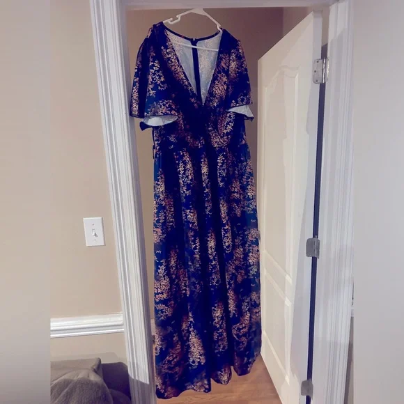 Dresses | Royal Blue And Gold Dress With Deep V Cut | Poshmark